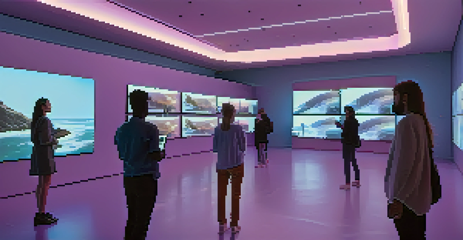 A modern virtual gallery displaying NFTs with collectors viewing digital artworks under soft blue and purple lighting.