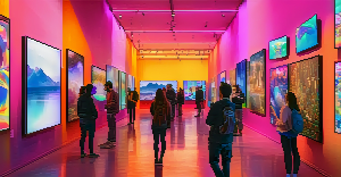 A digital art gallery with colorful NFT displays and a crowd of people admiring the artwork.