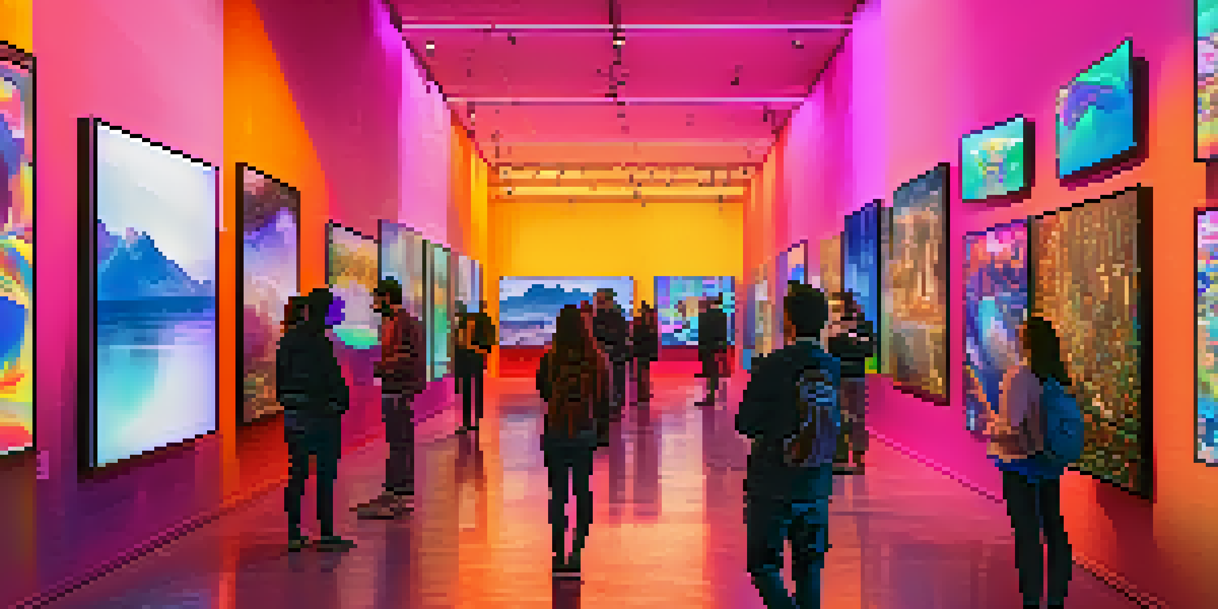 A digital art gallery with colorful NFT displays and a crowd of people admiring the artwork.