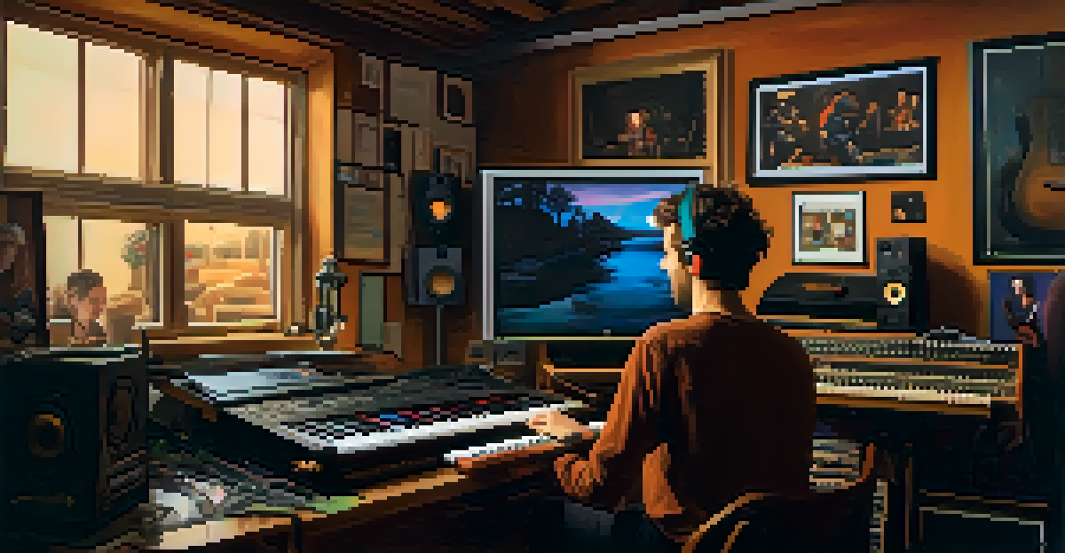 A musician in a cozy studio surrounded by instruments, recording an NFT album while interacting with a computer displaying digital art.