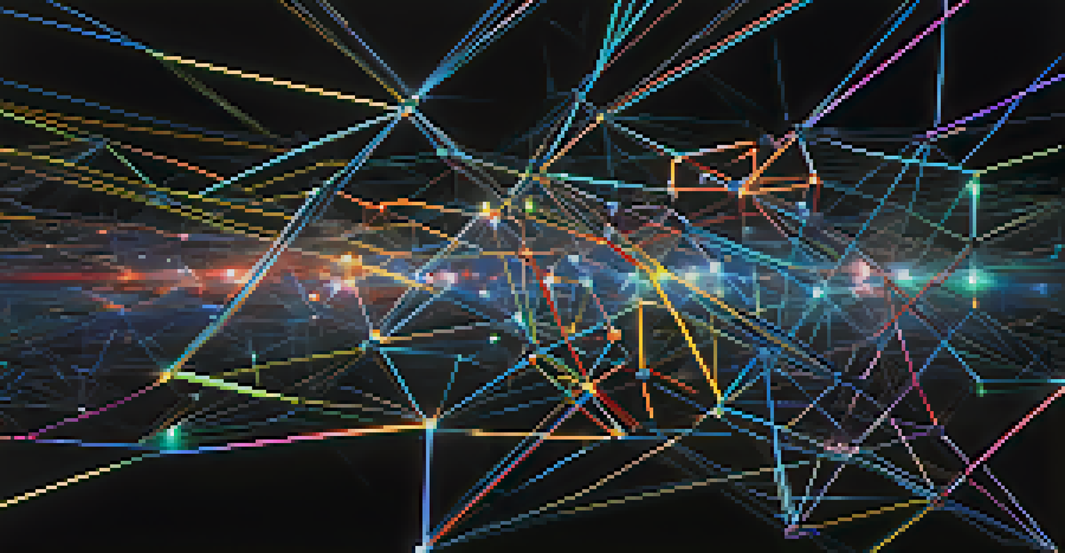 An abstract visualization of blockchain with interconnected nodes, each displaying unique digital art, symbolizing NFTs and privacy.