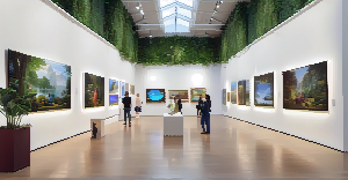 A modern art gallery with traditional paintings and digital screens showing NFTs, featuring diverse visitors and greenery.