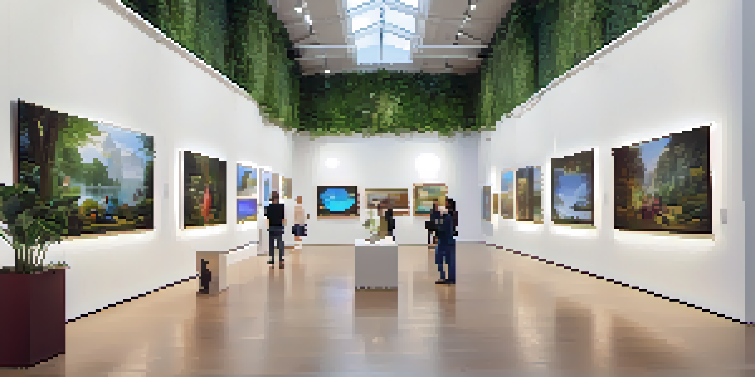 A modern art gallery with traditional paintings and digital screens showing NFTs, featuring diverse visitors and greenery.