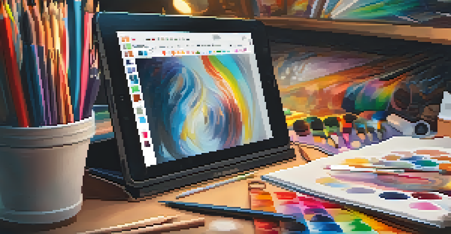 An artist's workspace filled with art supplies and a tablet showing an NFT artwork, illuminated by warm light, capturing the creative process.