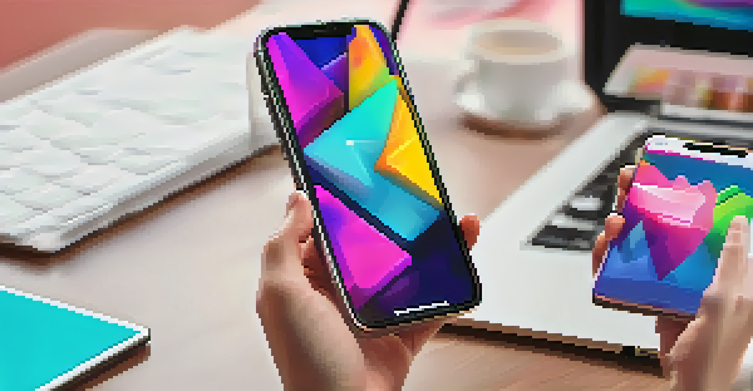 A close-up of a hand holding a smartphone that shows a colorful NFT artwork, with a modern workspace in the background.