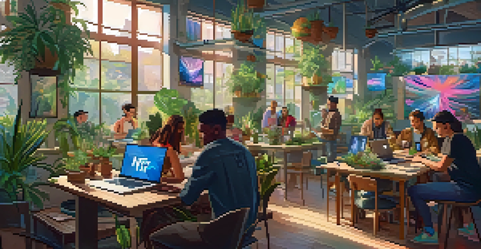 A diverse group of people participating in a community workshop about NFTs, with laptops and digital art displayed on a table.