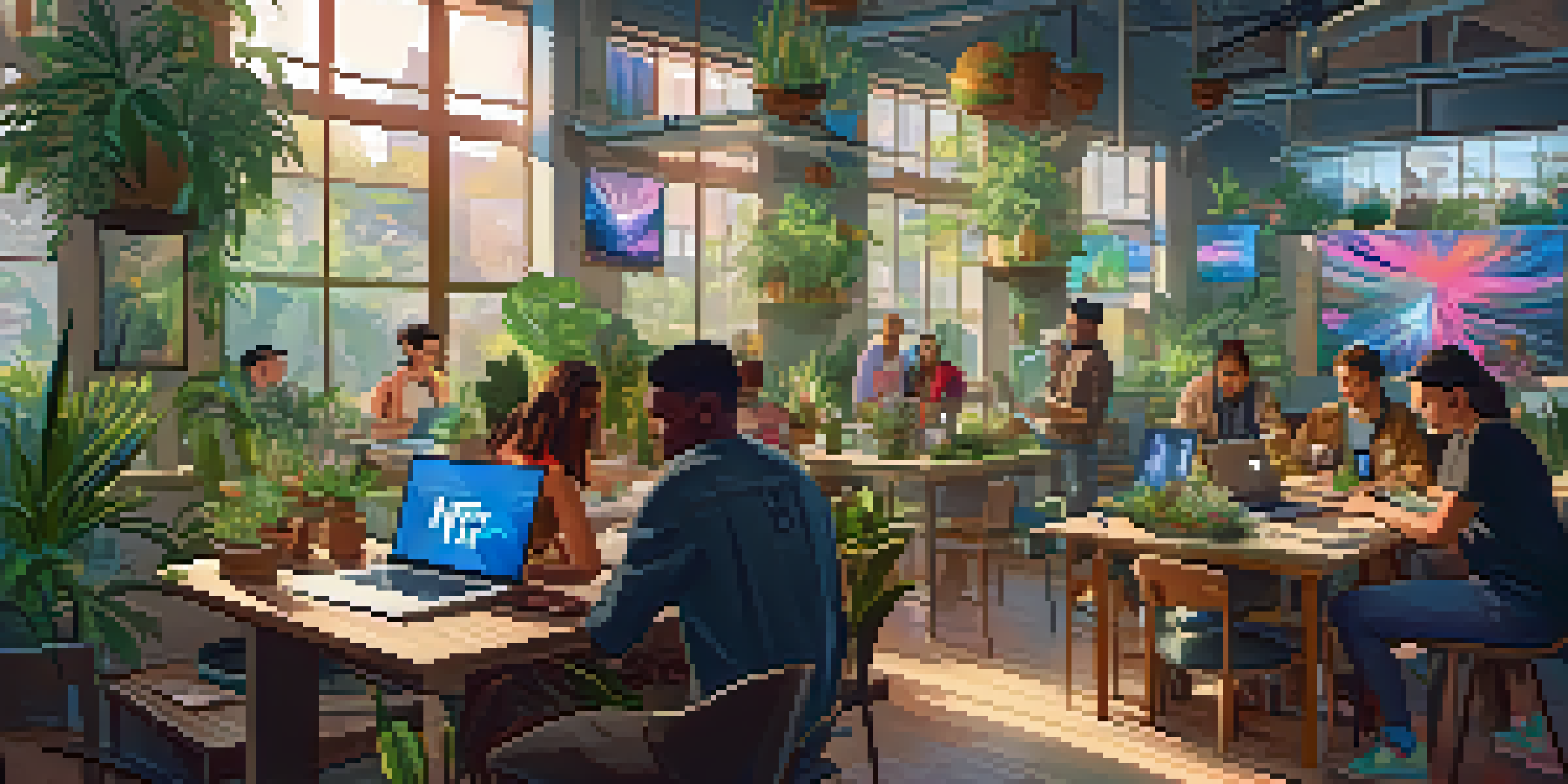 A diverse group of people participating in a community workshop about NFTs, with laptops and digital art displayed on a table.