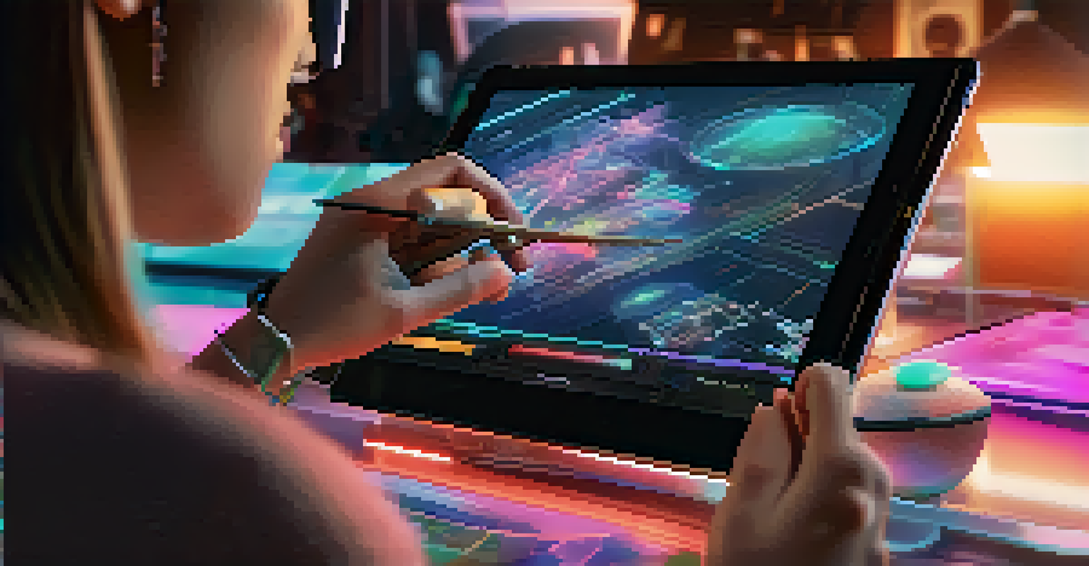 A digital artist working on NFT artwork on a futuristic tablet, surrounded by virtual reality elements and color palettes, in a warmly lit environment.