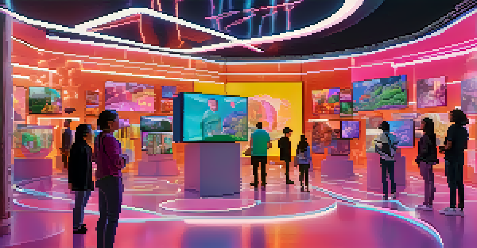 A futuristic virtual marketplace with floating digital screens displaying various NFT artworks and people interacting with them.