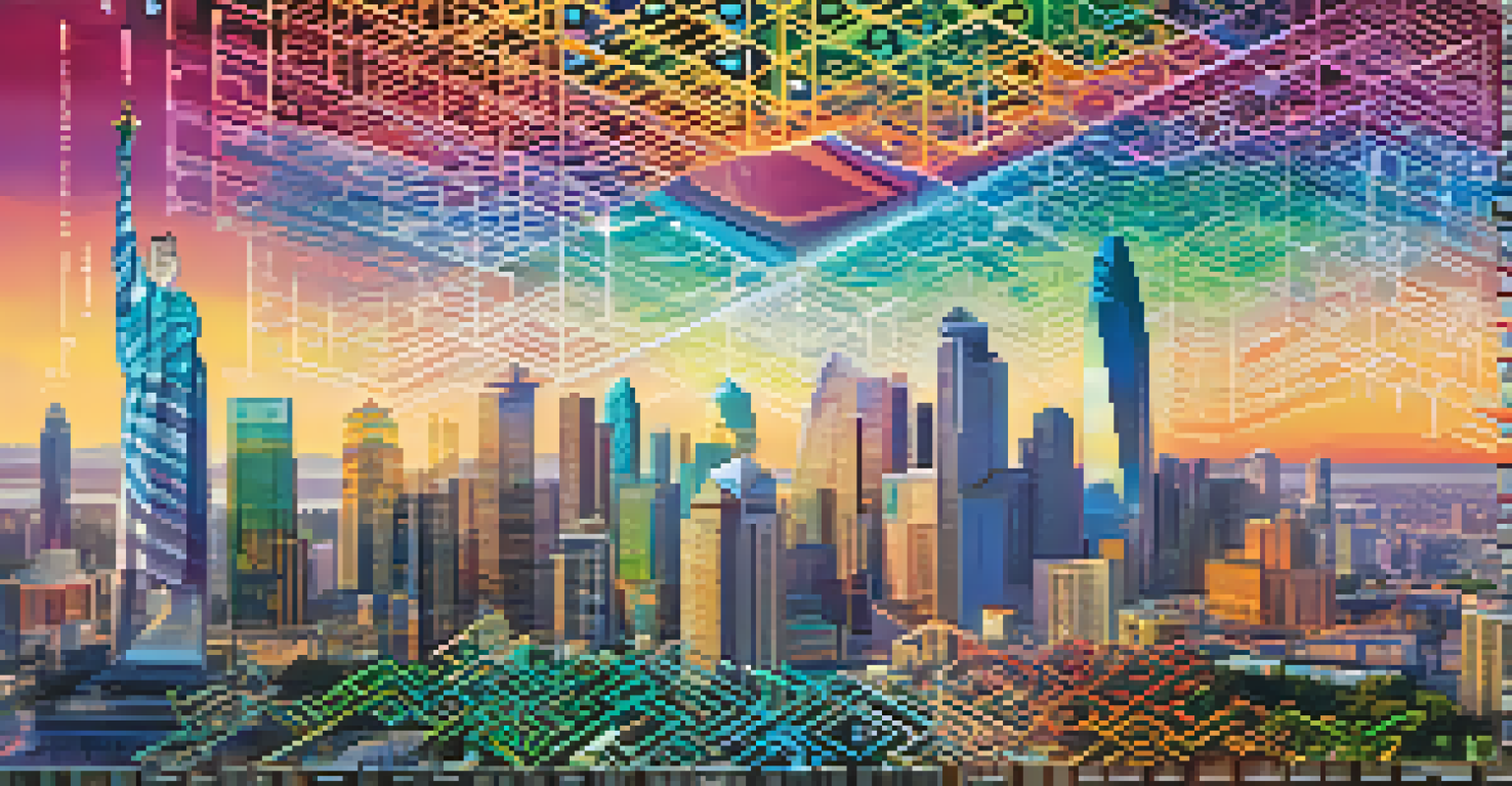 A close-up of a digital property ownership certificate with vibrant designs and holographic effects, against a city skyline background.