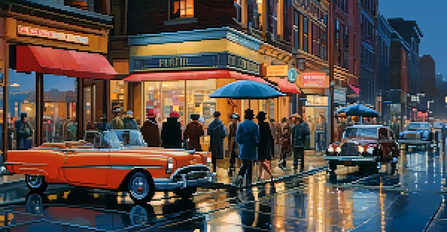 A vibrant city street at dusk, filled with neon lights, people, and a vintage car parked on the sidewalk.