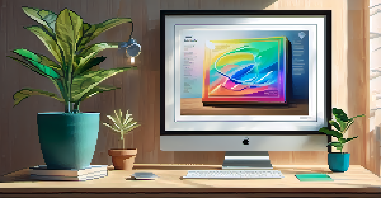 An NFT digital certificate displayed on a wooden desk, surrounded by a laptop and a potted plant, showcasing colorful and intricate designs.