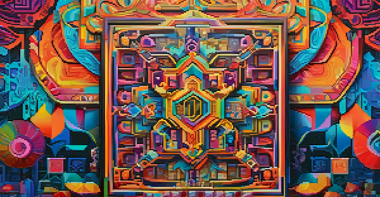 A detailed close-up of a digital NFT artwork displayed on a screen with colorful patterns.