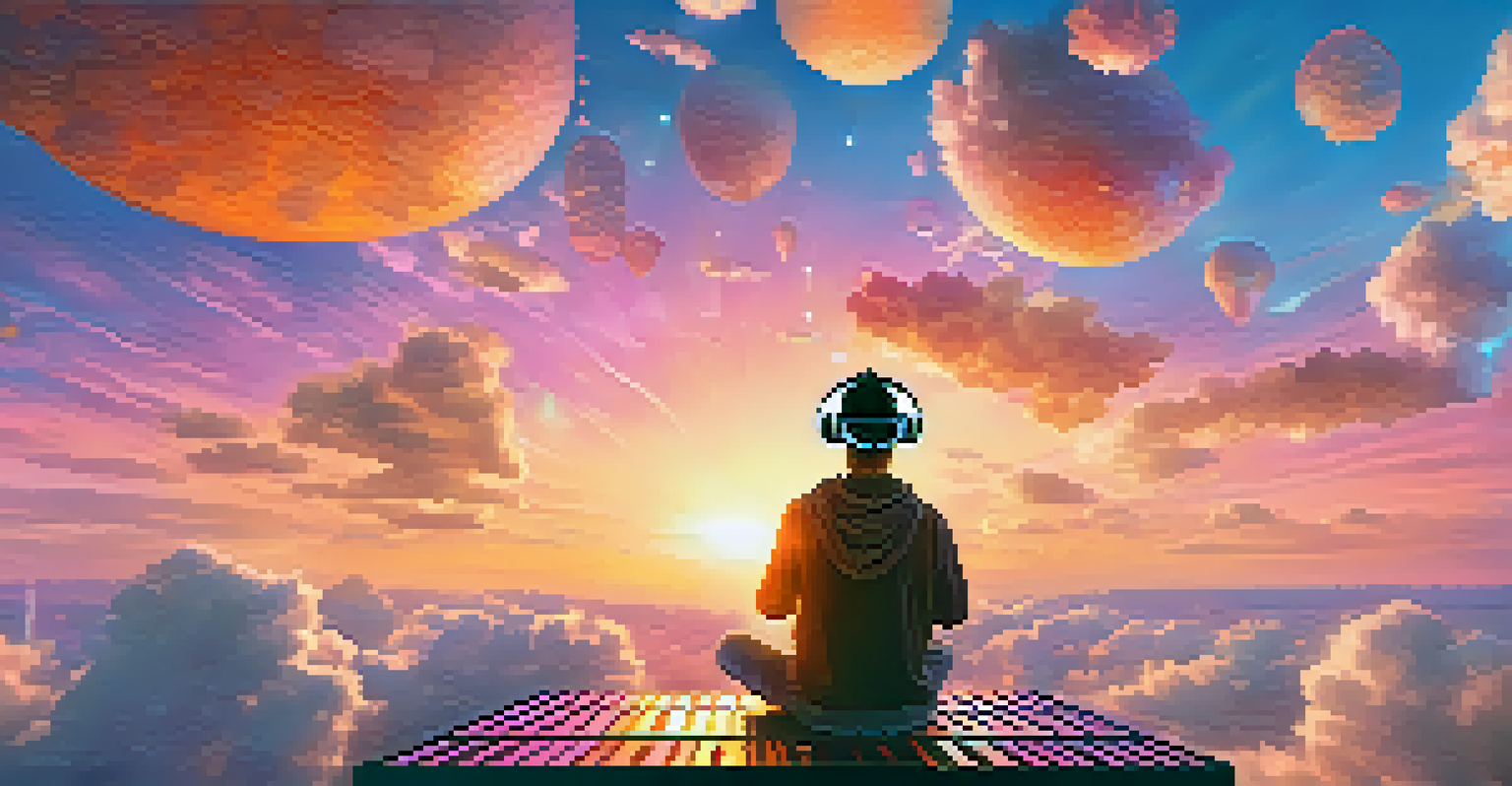 A person on a virtual reality platform surrounded by floating NFTs in a sunset landscape, representing digital identity.