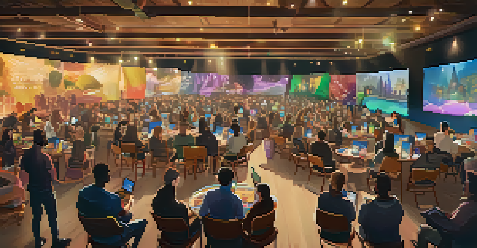 A virtual fundraising event with community members holding unique NFTs, surrounded by displays of funded projects.