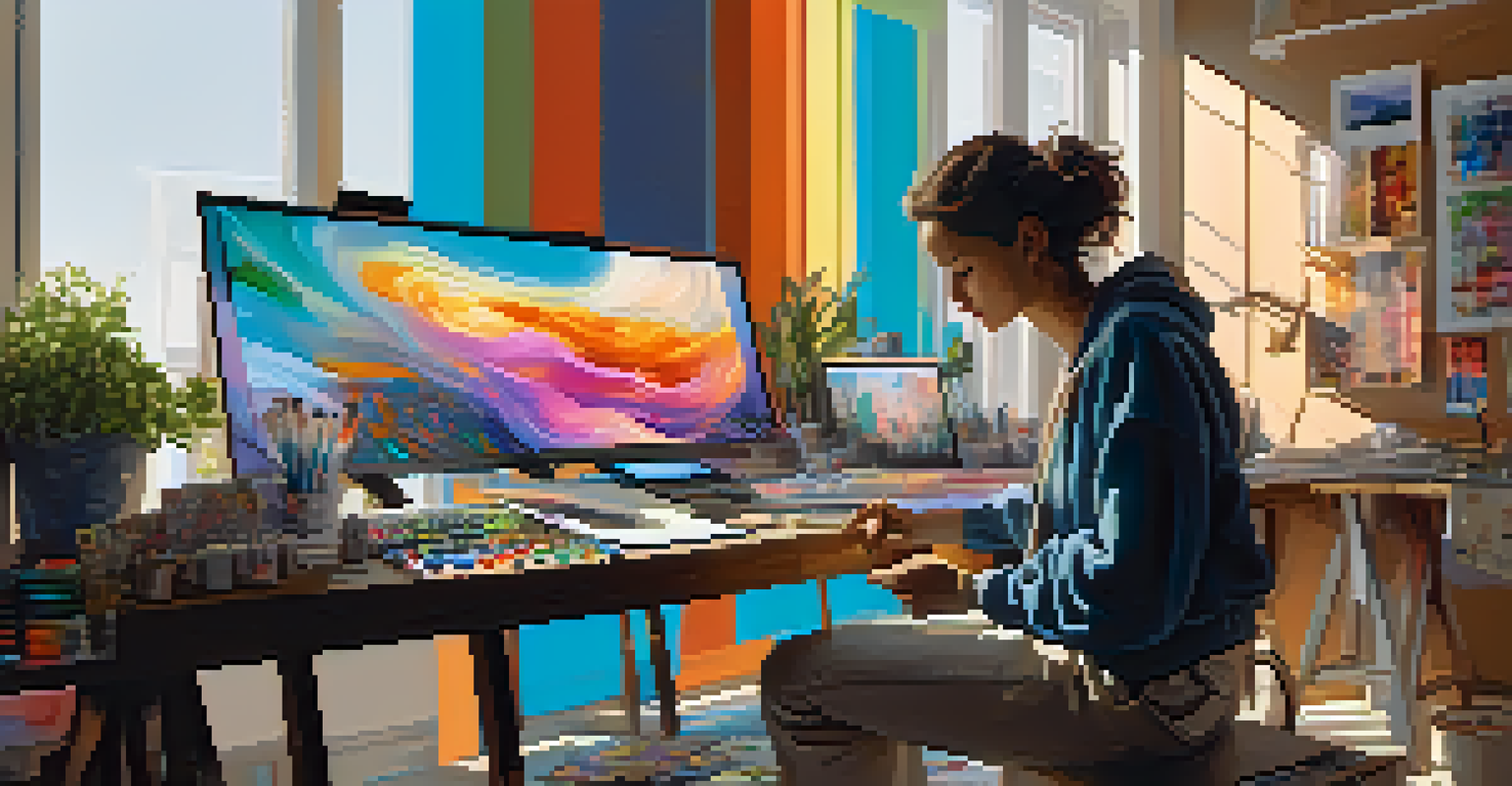 An artist in a sunlit studio minting an NFT, surrounded by vibrant artworks and digital screens, creating an inspiring atmosphere.