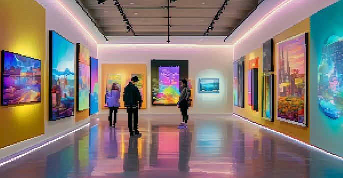 A digital art gallery filled with unique NFTs, illuminated by colorful lights, with diverse avatars interacting with the exhibits.