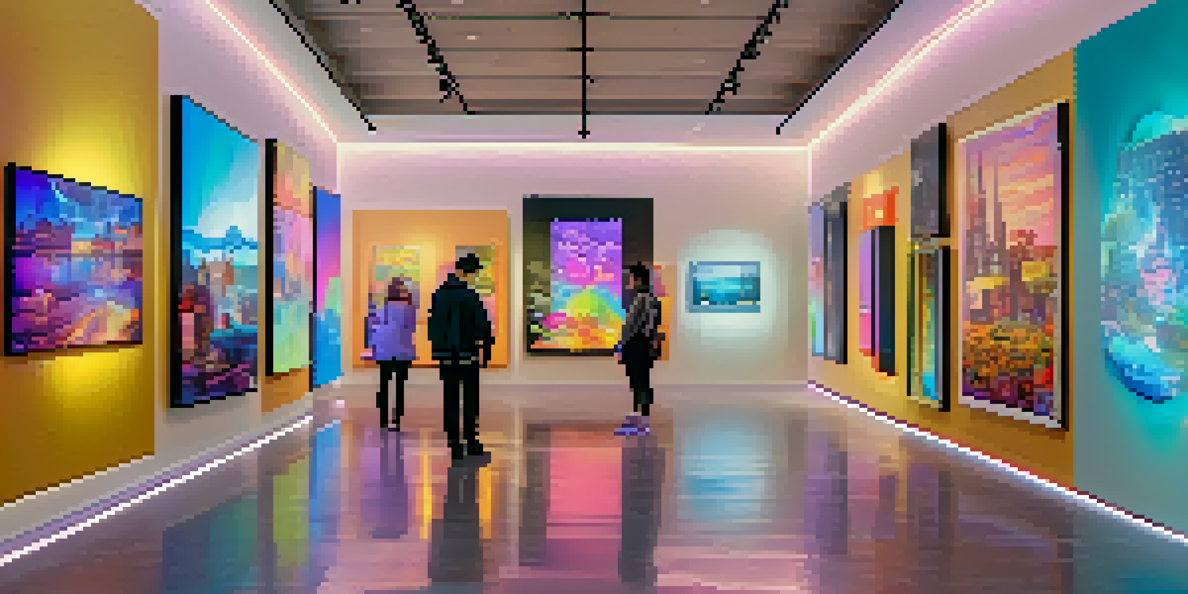 A digital art gallery filled with unique NFTs, illuminated by colorful lights, with diverse avatars interacting with the exhibits.