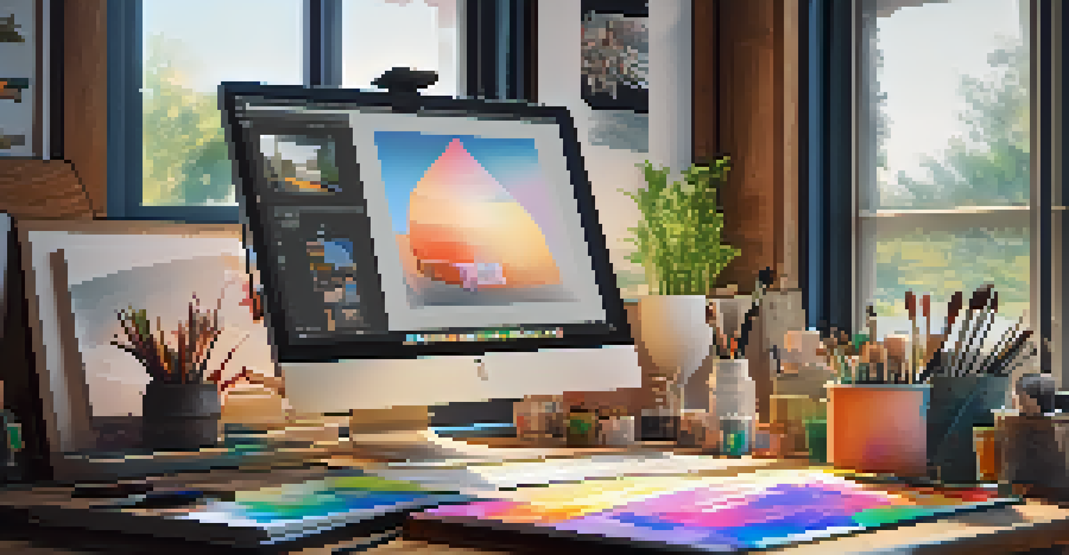 An artist's workspace filled with colorful digital art NFTs, paintbrushes, and sketches illuminated by soft natural light.