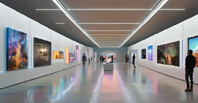 A modern digital art gallery filled with people admiring colorful NFT artworks displayed on screens.