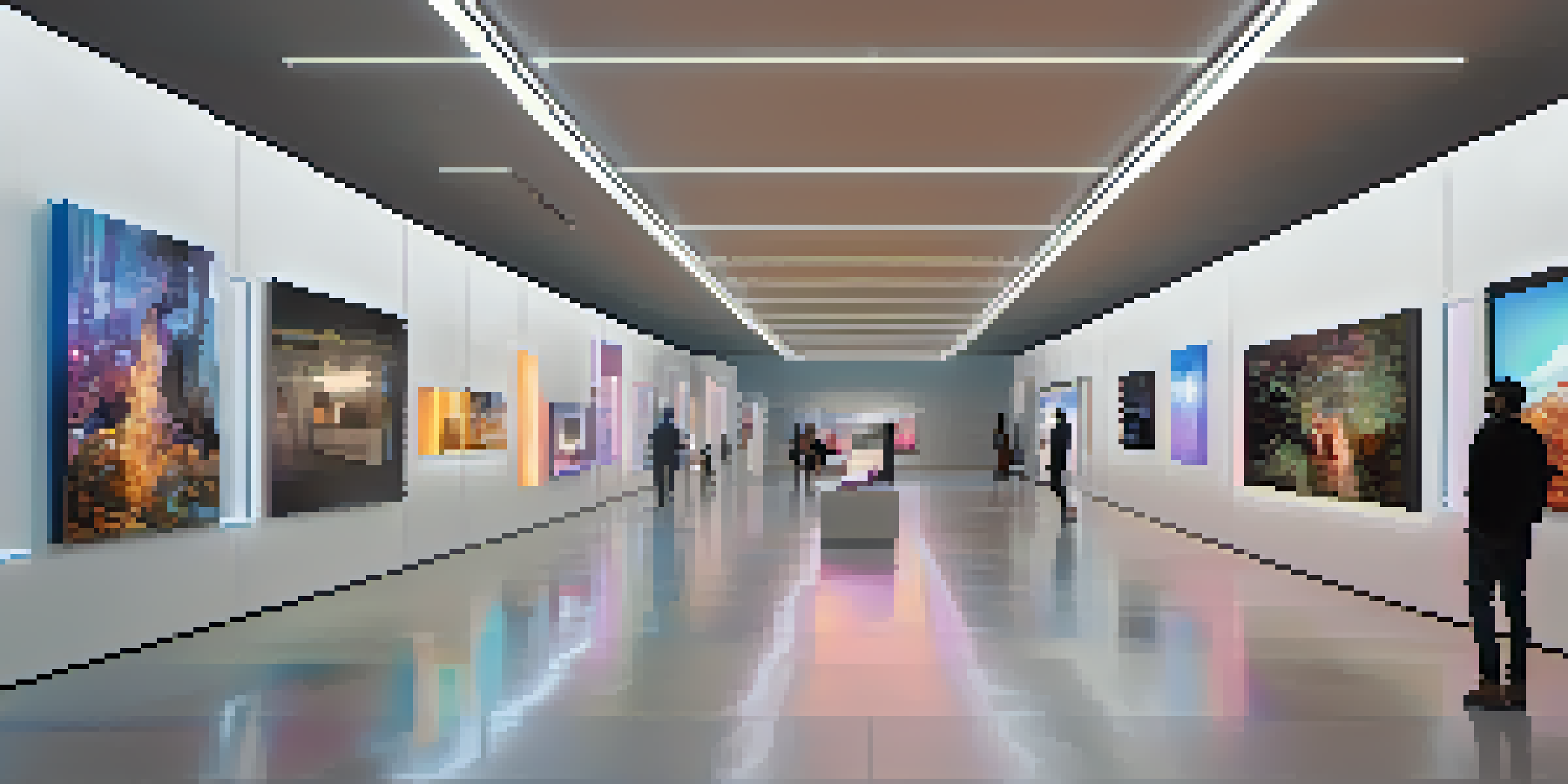 A modern digital art gallery filled with people admiring colorful NFT artworks displayed on screens.
