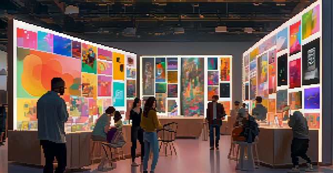 A lively digital art marketplace with diverse artists and collectors discussing vibrant digital artworks displayed on screens.