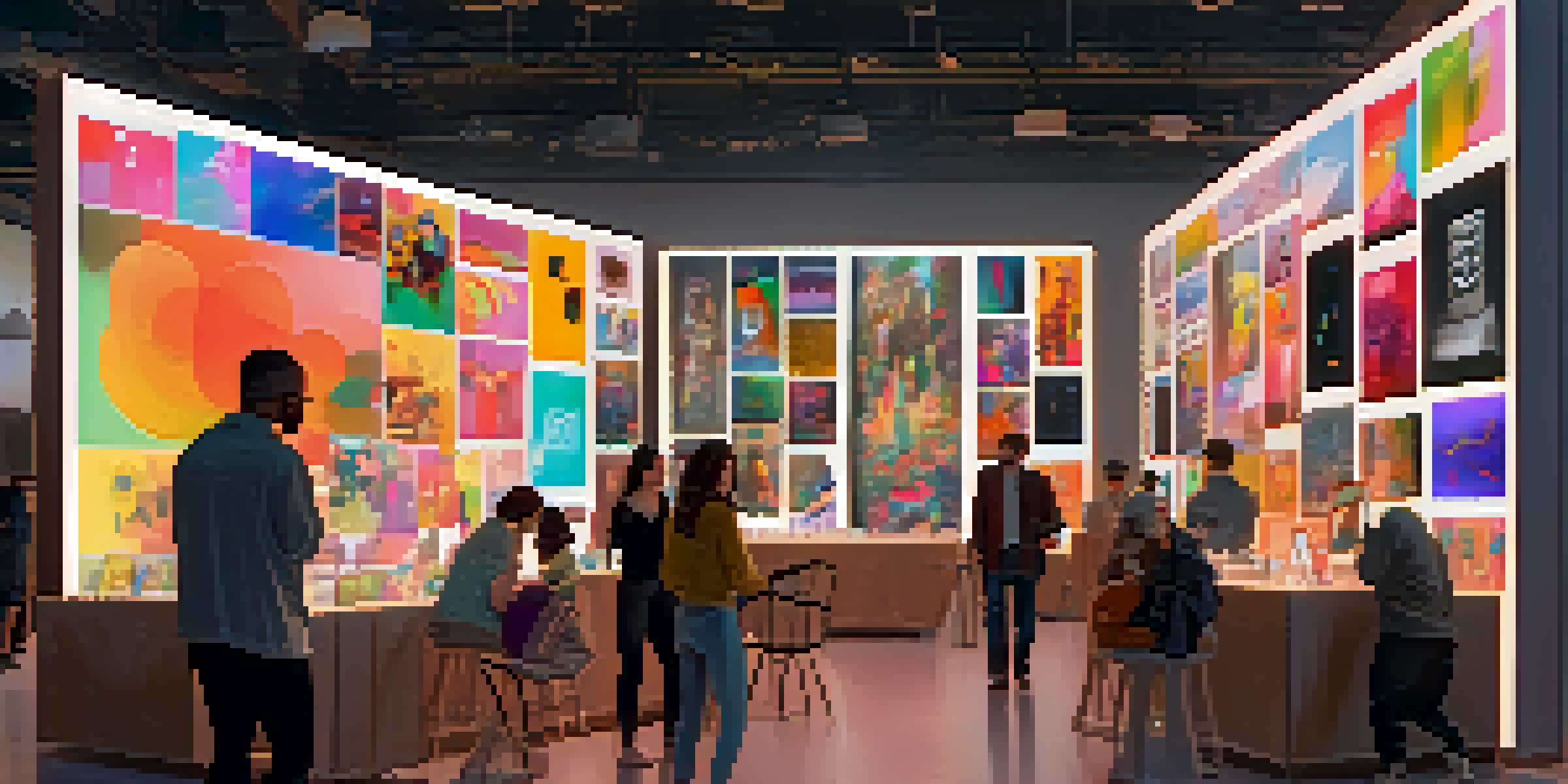 A lively digital art marketplace with diverse artists and collectors discussing vibrant digital artworks displayed on screens.