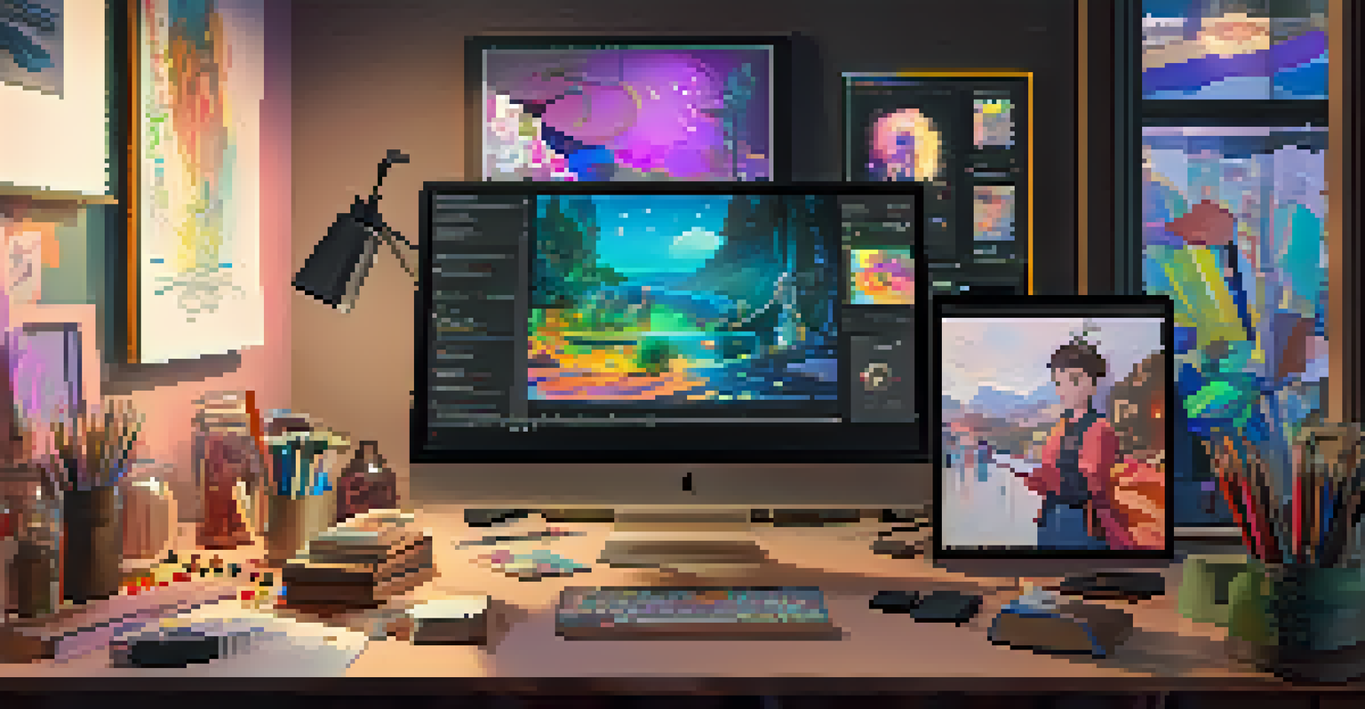 An artist's workspace with digital screens showing NFT animations and sketches.