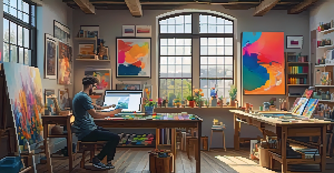 A digital art studio with colorful artworks, an artist working on a tablet, and warm sunlight illuminating the space.