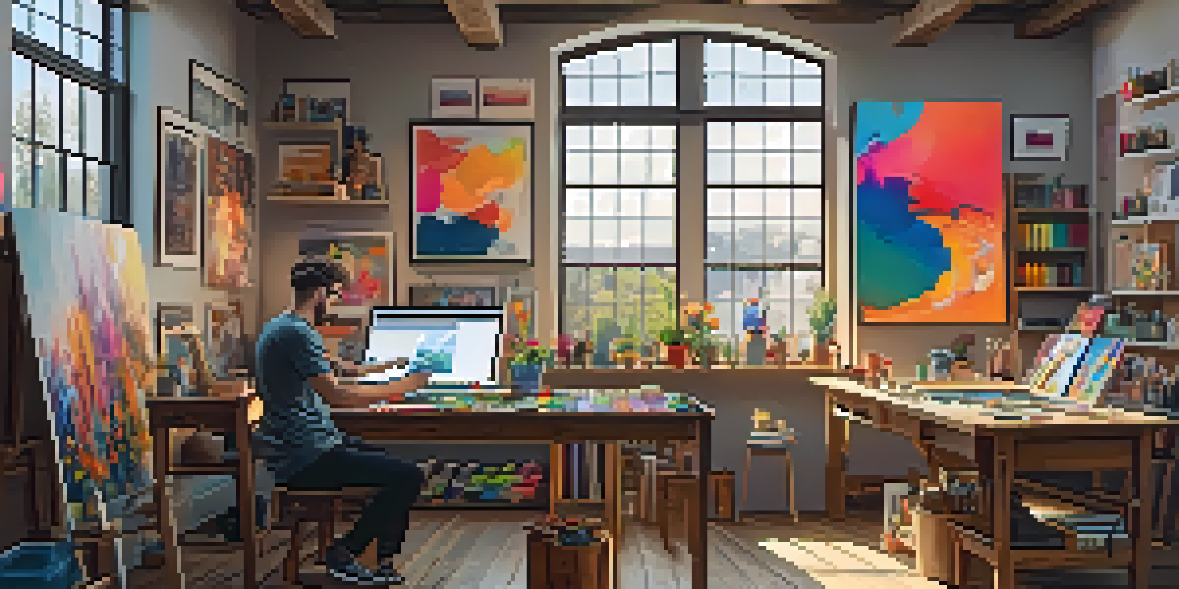 A digital art studio with colorful artworks, an artist working on a tablet, and warm sunlight illuminating the space.