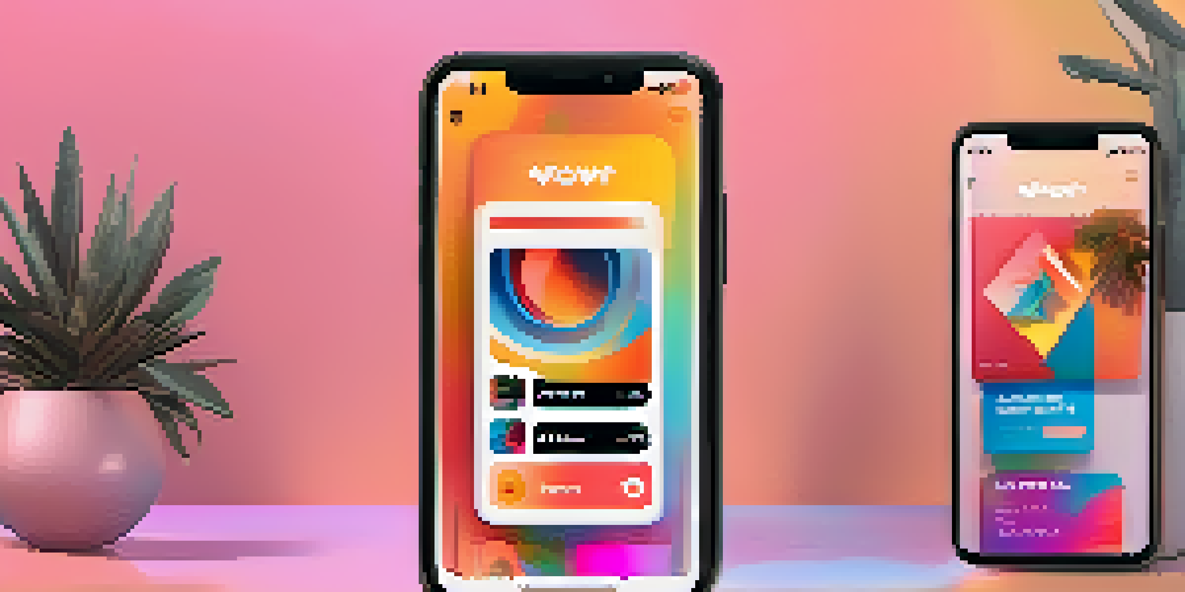 A smartphone displaying a colorful NFT marketplace with digital art, featuring clear navigation buttons and inviting call-to-action elements.