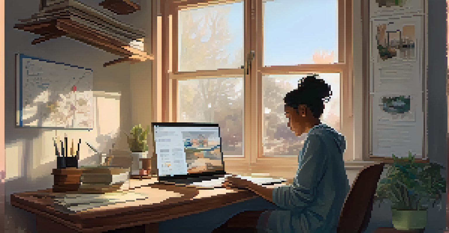 A person at a desk looking at NFTs on a laptop, surrounded by sketches and art tools in a warm, cozy environment.