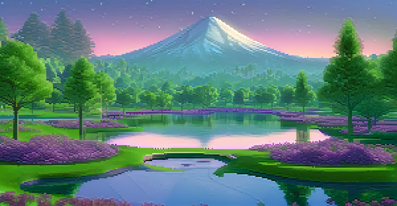 A virtual landscape in the metaverse with a green park and digital real estate, under a twilight sky.