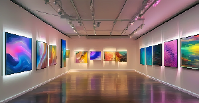 A digital art gallery with various colorful NFTs displayed on screens, illuminated by warm lighting.