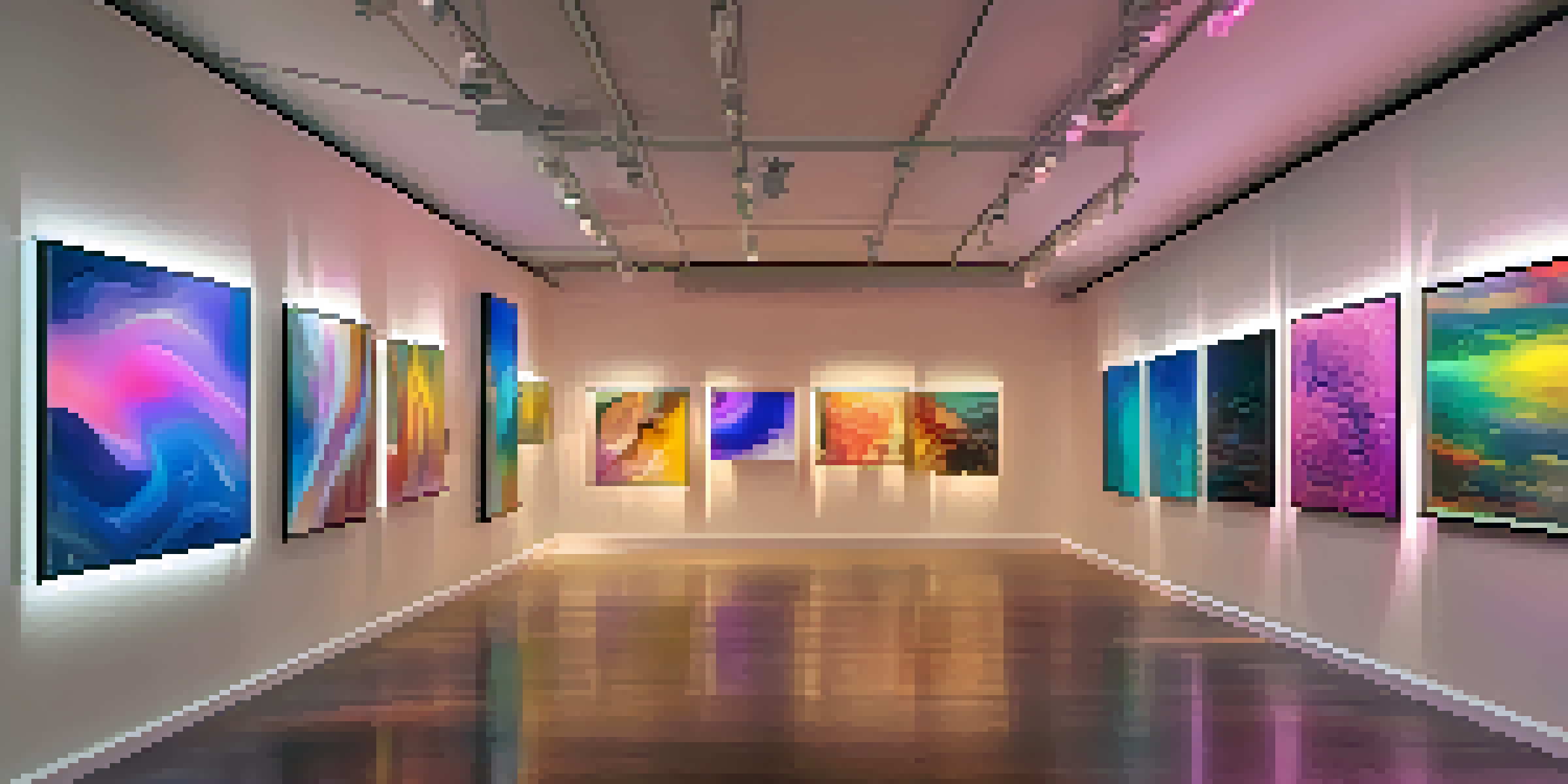 A digital art gallery with various colorful NFTs displayed on screens, illuminated by warm lighting.