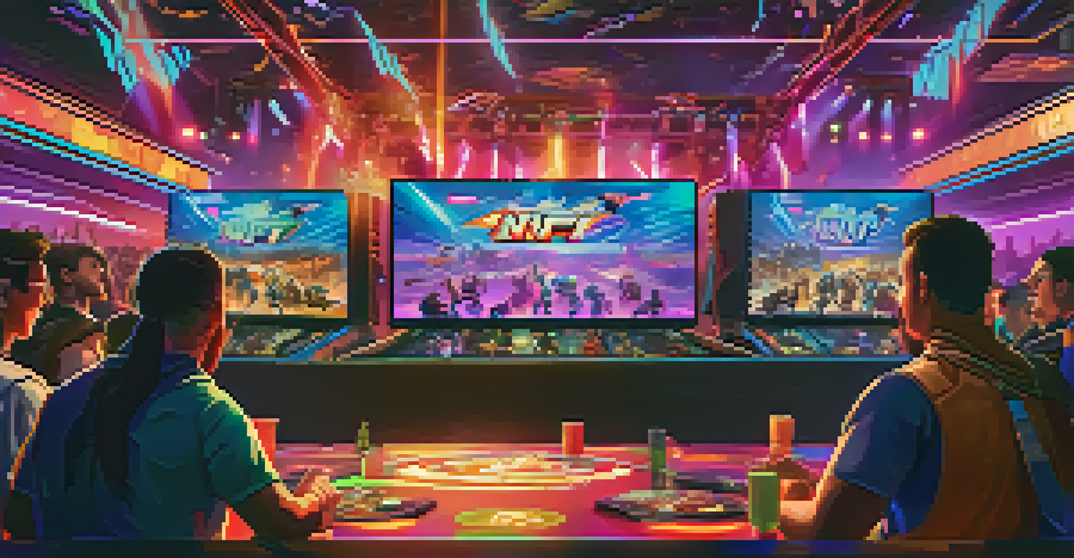 A thrilling gaming tournament scene with players and spectators watching intense battles using NFT characters, illuminated by colorful lights.