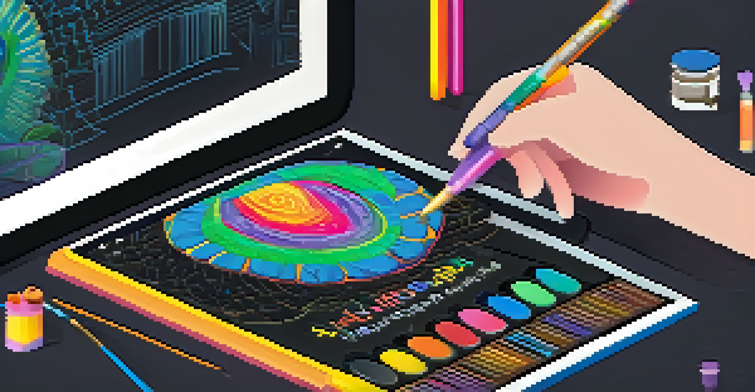 A close-up of a digital tablet showing an interactive NFT design with vibrant colors and intricate patterns.
