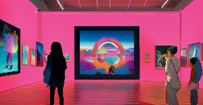 A digital art gallery filled with diverse individuals admiring colorful NFTs displayed on virtual screens, with soft lighting enhancing the atmosphere.
