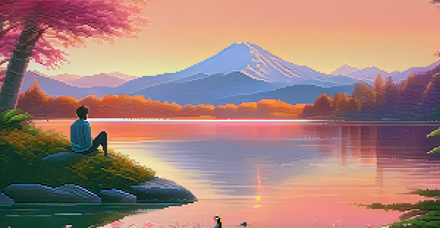 A tranquil digital landscape with a lake at sunset, surrounded by greenery and mountains, depicting mental wellness.