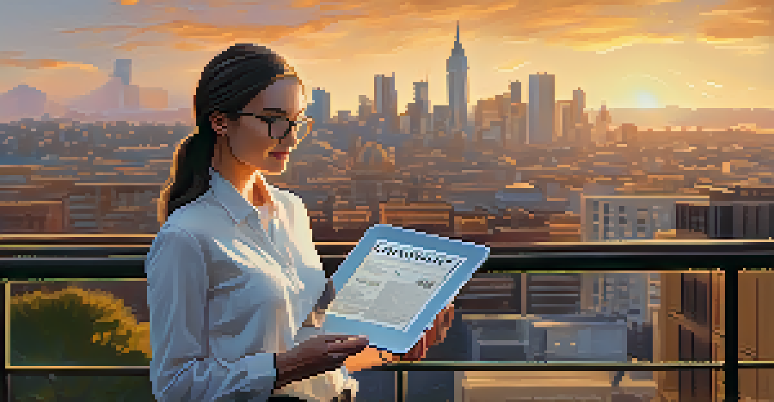 A journalist with a digital tablet showing an NFT certificate, set against a blurred cityscape.