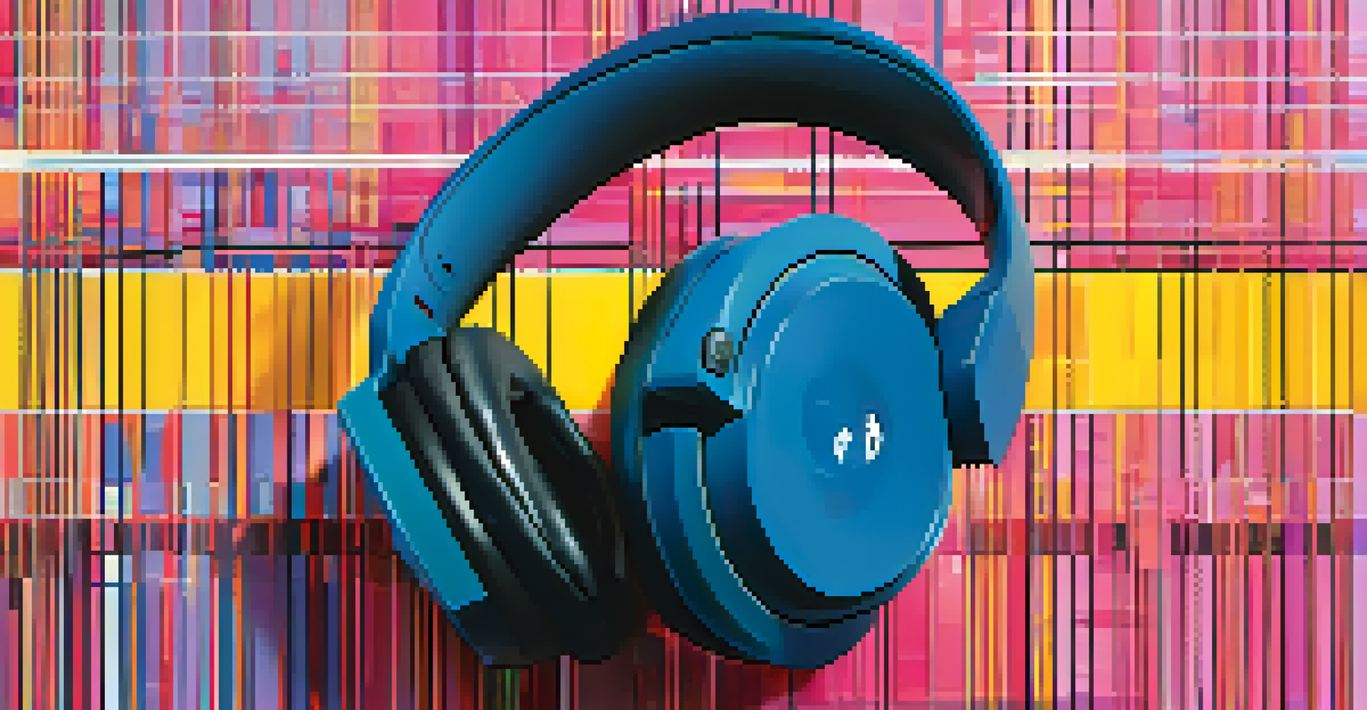 A close-up of an accessible digital artwork with high-contrast colors, featuring an audio description symbol and a visually impaired person using headphones.