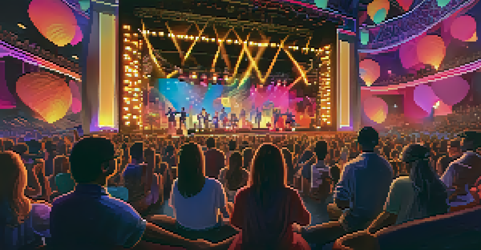 A lively virtual concert with colorful avatars and digital art, showcasing a dynamic performance environment.