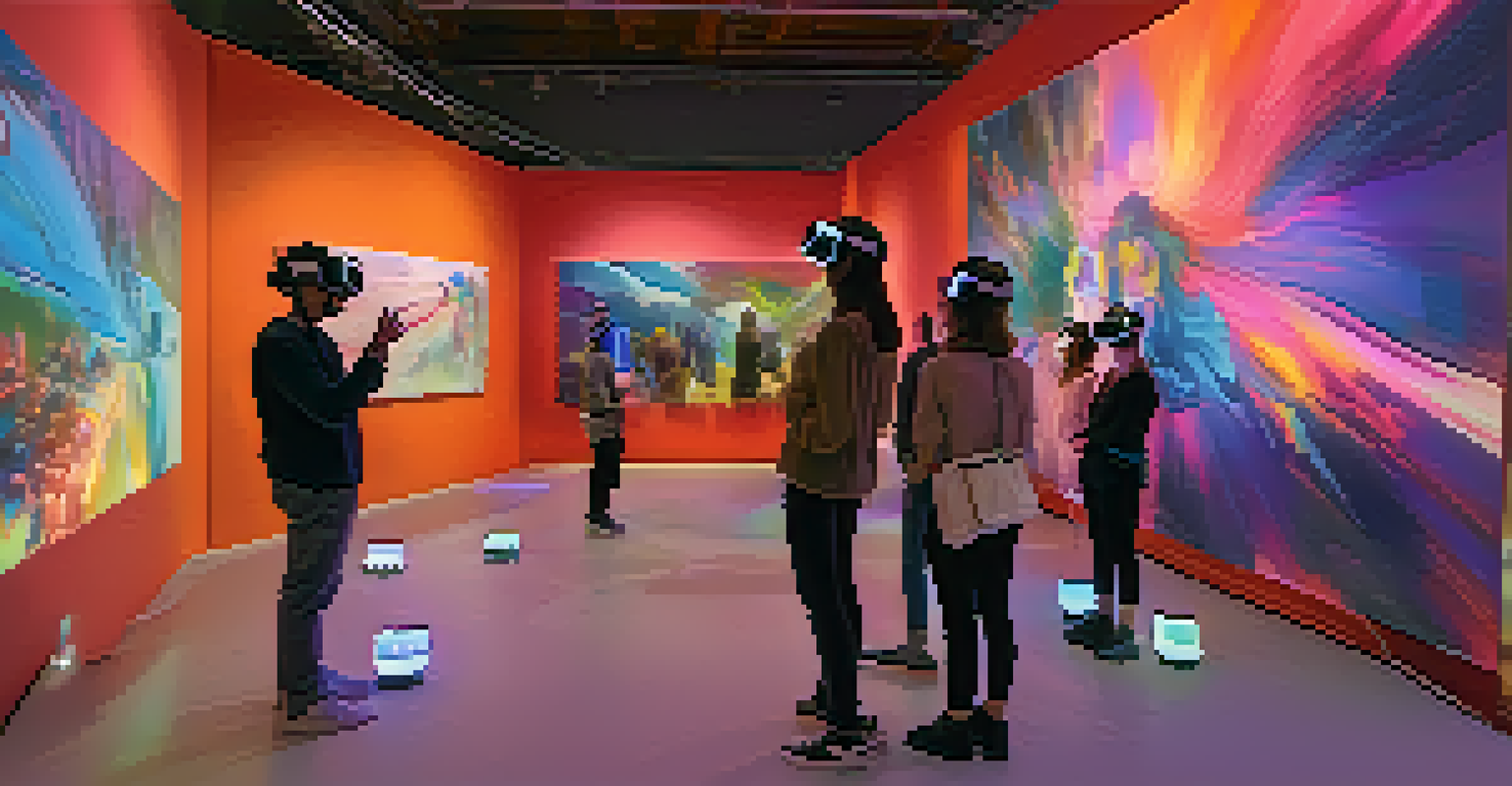 A virtual reality art exhibition with visitors interacting with colorful digital art and sculptures in a modern gallery.