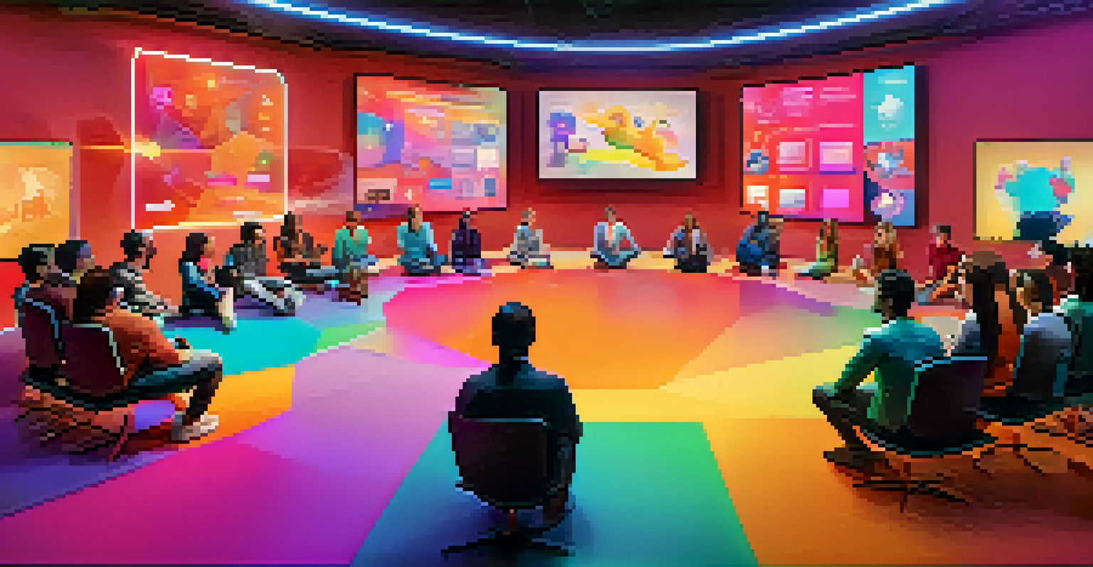 A lively online community meeting in a gamified virtual environment with avatars and holographic screens.