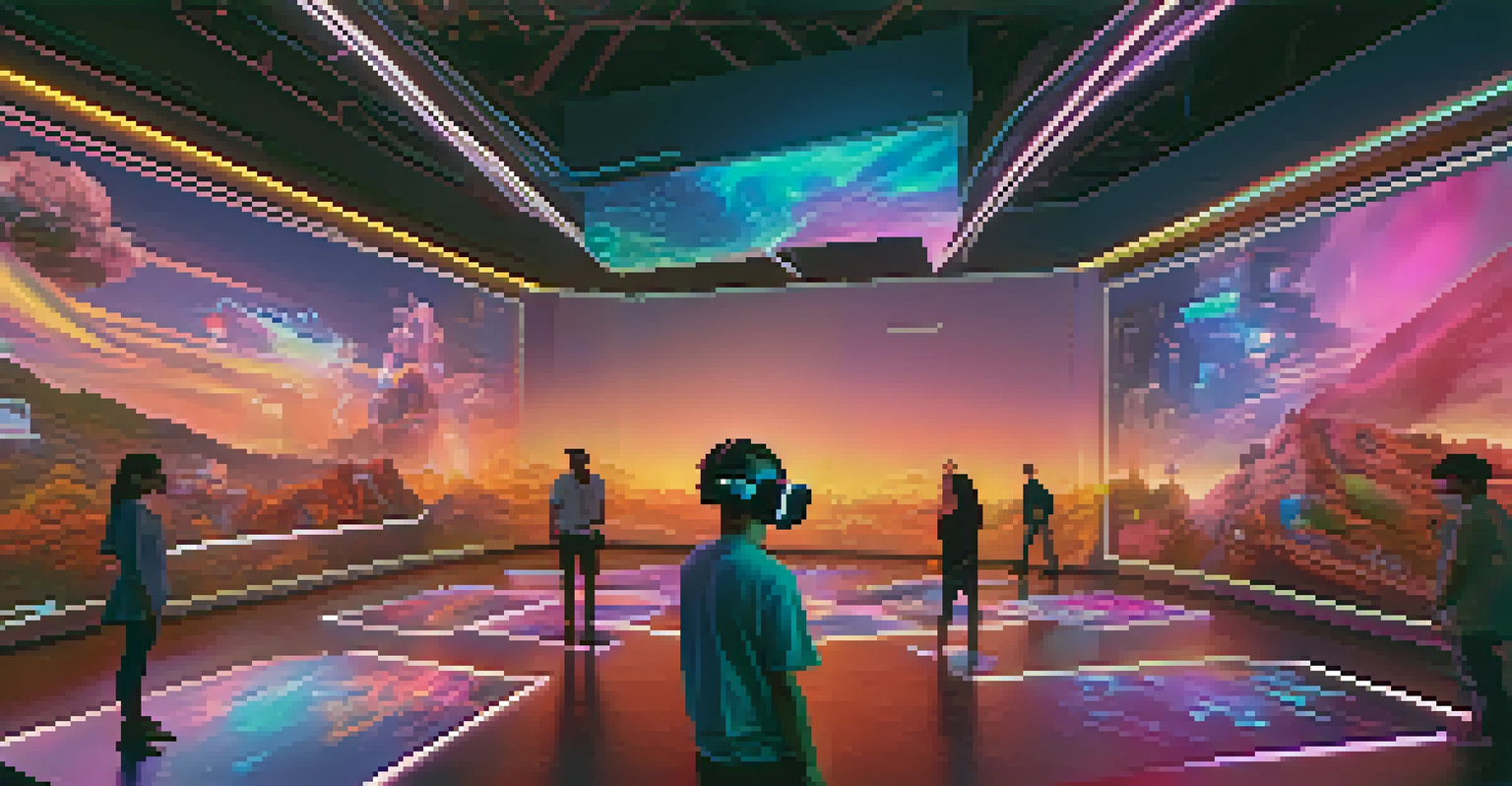 A user in a virtual reality setting, interacting with floating digital art pieces and holographic displays in a colorful environment.