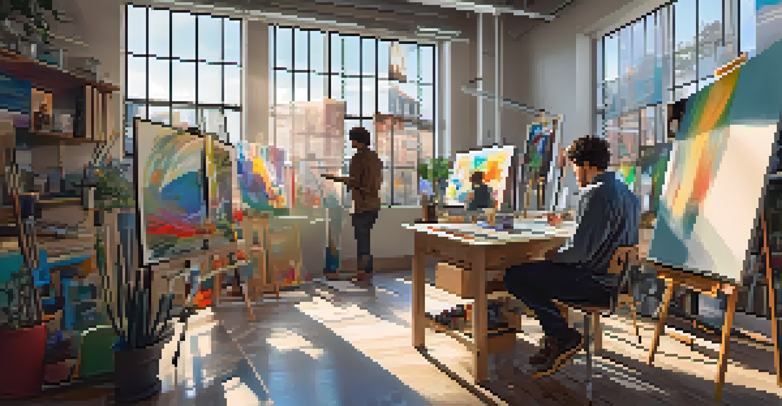 An artist working on a digital painting in a bright studio, surrounded by tools and sketches.