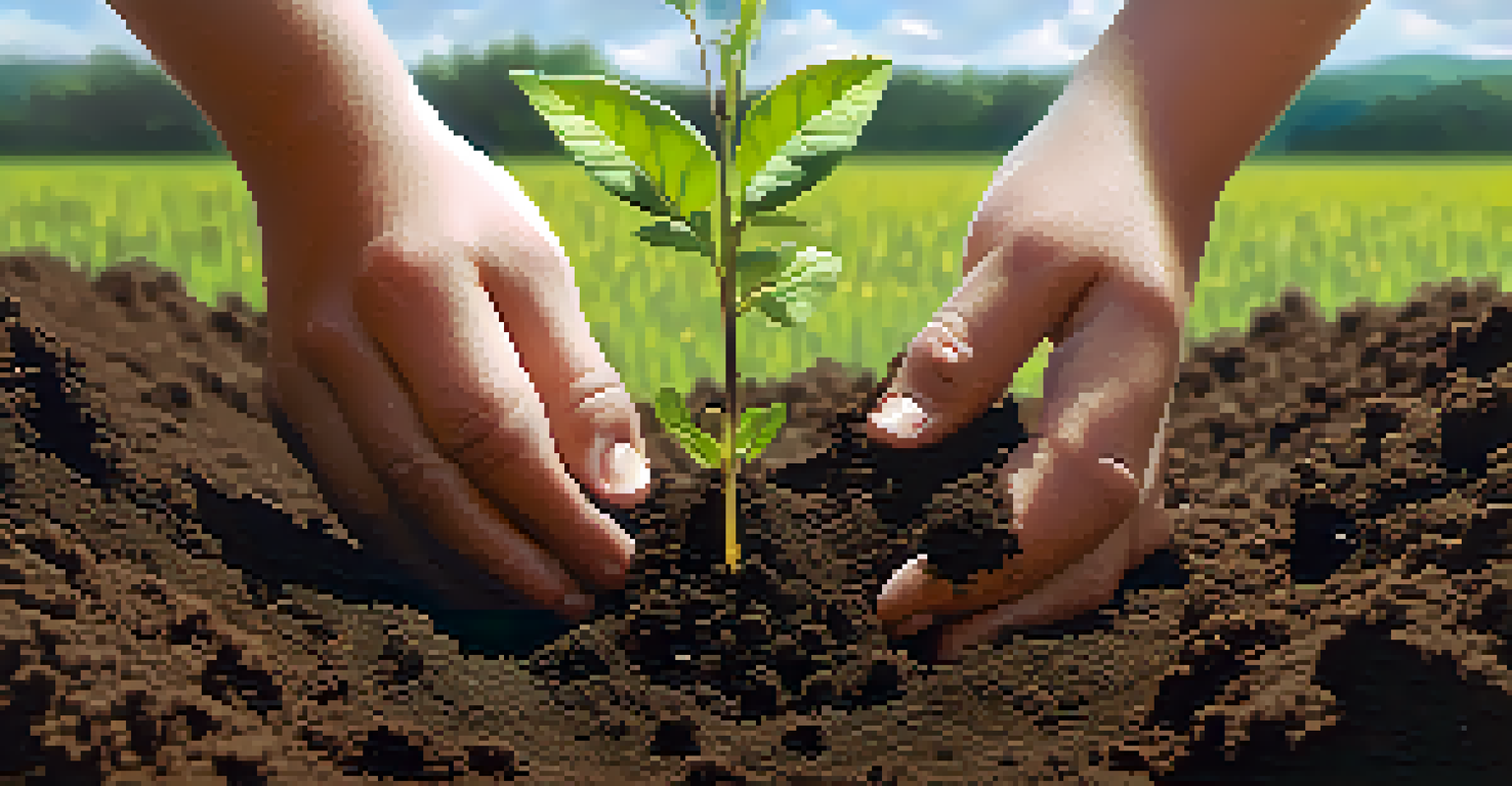Hands planting a young sapling in soil with a sunny background and other saplings visible.