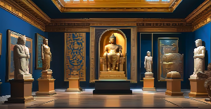 A digital gallery displaying various NFTs of cultural artifacts, including ancient statues and paintings, illuminated by soft ambient lighting.