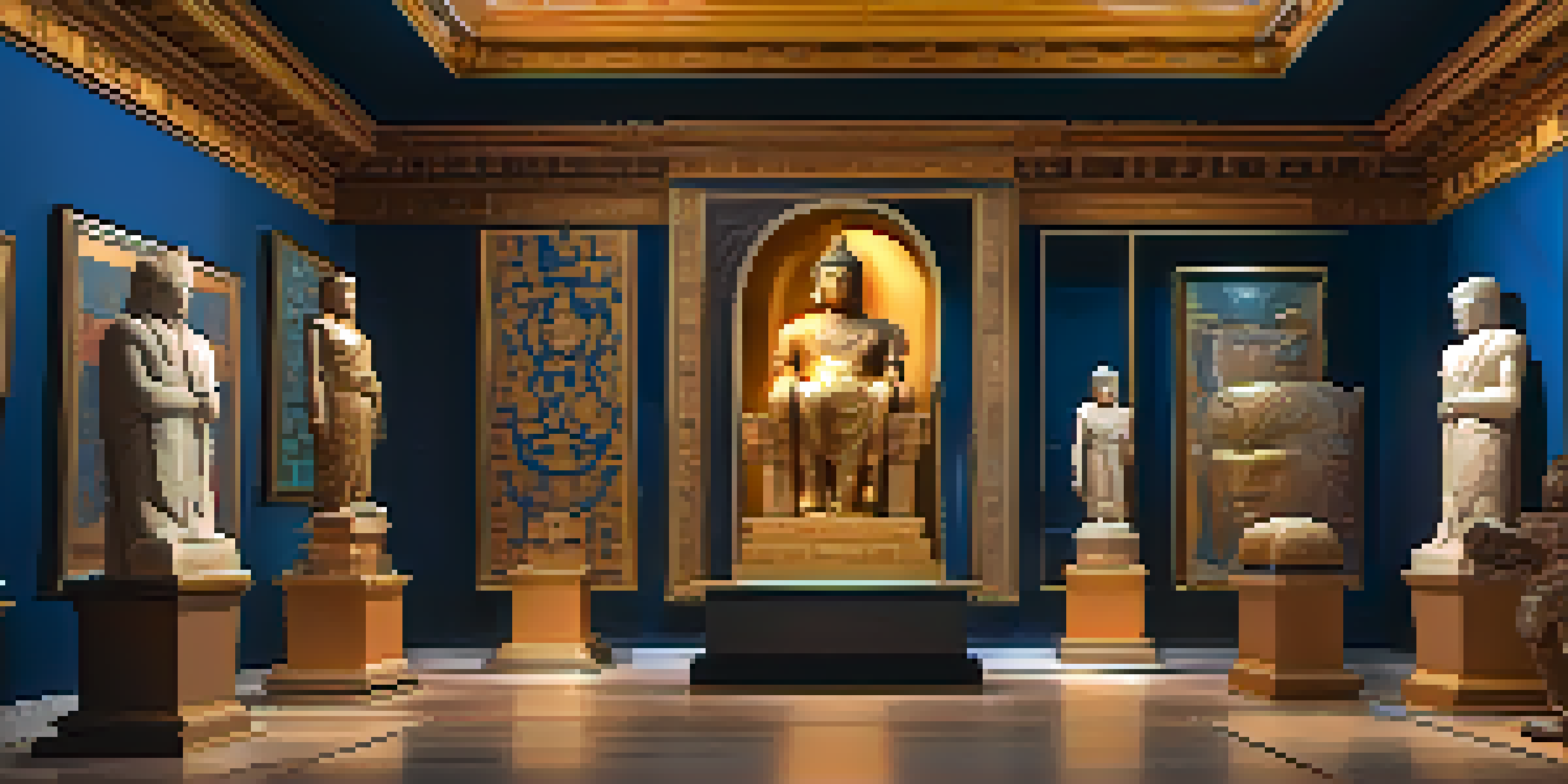 A digital gallery displaying various NFTs of cultural artifacts, including ancient statues and paintings, illuminated by soft ambient lighting.