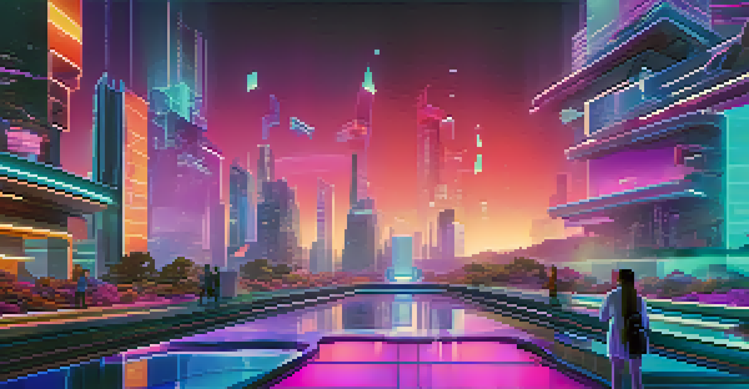 A futuristic digital landscape depicting virtual real estate with colorful buildings, parks, and avatars interacting in a vibrant environment.
